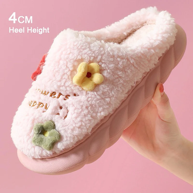 

Winter Warm Slippers Women 4cm High Heels Non-slip Plush Cotton Shoes Memory Foam Cute Flowers Home Bedroom Ladies Fur Slides