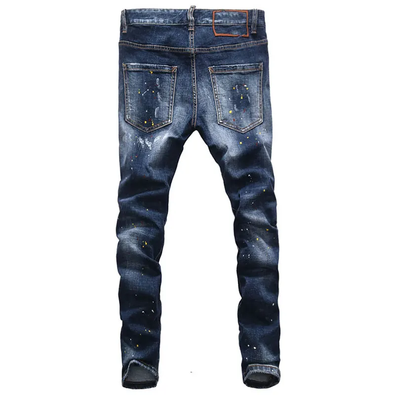 European Street Fashion Men Jeans High Quality Retro Blue Slim Fit Ripped Jeans Men Painted Designer Hip Hop Denim Punk Pants