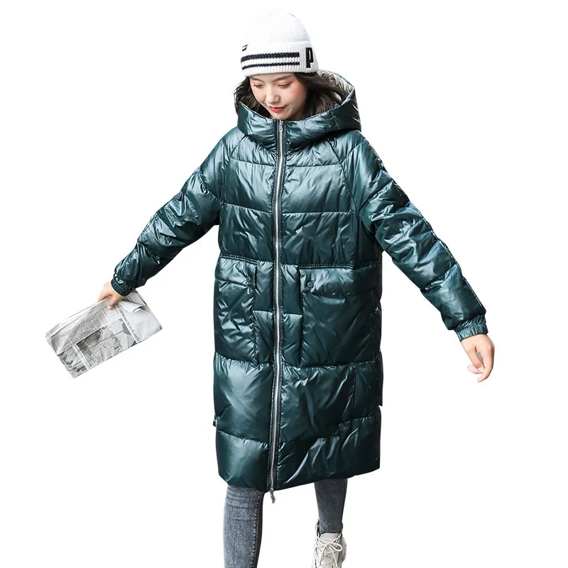 

Women's down jacket over the knee thickening double sided glossy bread served han edition loose fashion of big yards