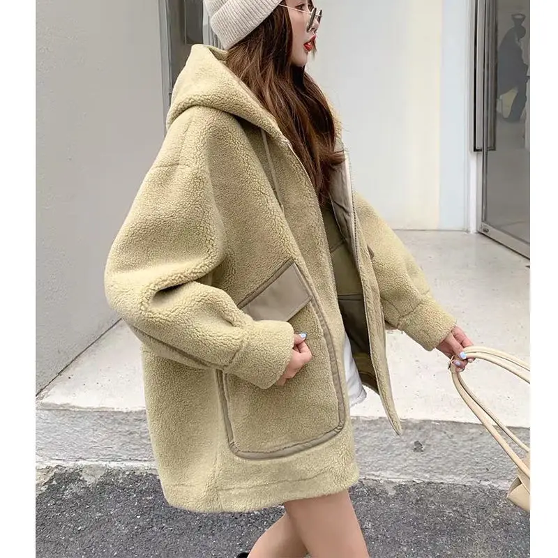Women 2021 Autumn Winter Faux Fur Coat Female Lining Suede Lambswool Casual Warm h Jacket hooded Fake Fur Overcoats C496