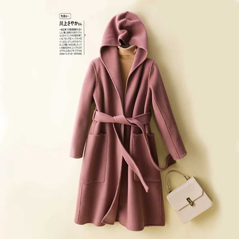 

Женское шерстяное пальто, новинка осень-зима 100%, стильное пальто с поясом, модная цельная куртка с капюшоном и длинным рукавом для женщин