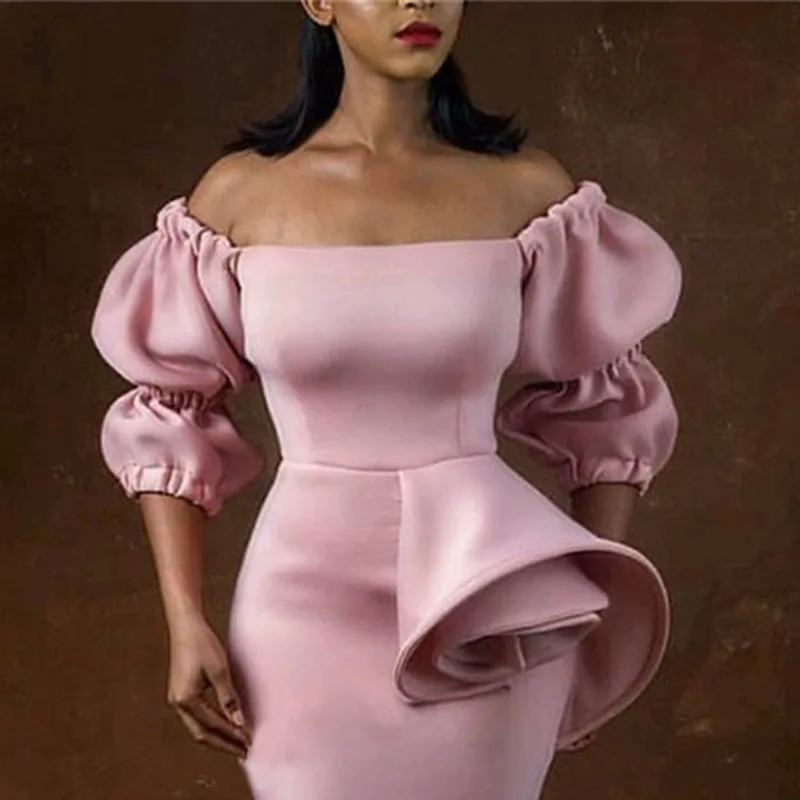 Off-the-shoulder wrapped chest waist dress new fashion party women's body banquet puff sleeves ruffled ladies African wome | Женская