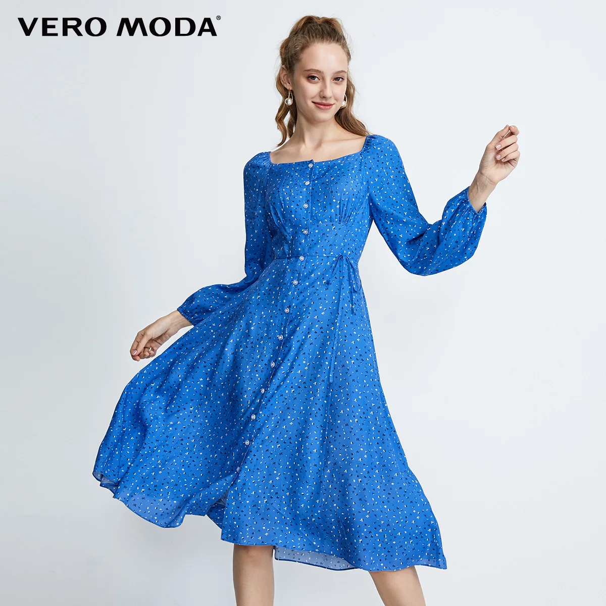 Vero Moda Новое цветочное Королевское платье с рукавами во французском стиле с квадратным воротником | 31937D517