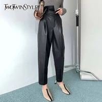 twotwinstyle pu leather harem pants for women high waist ankle length black casual trousers female fashion new clothing 2020