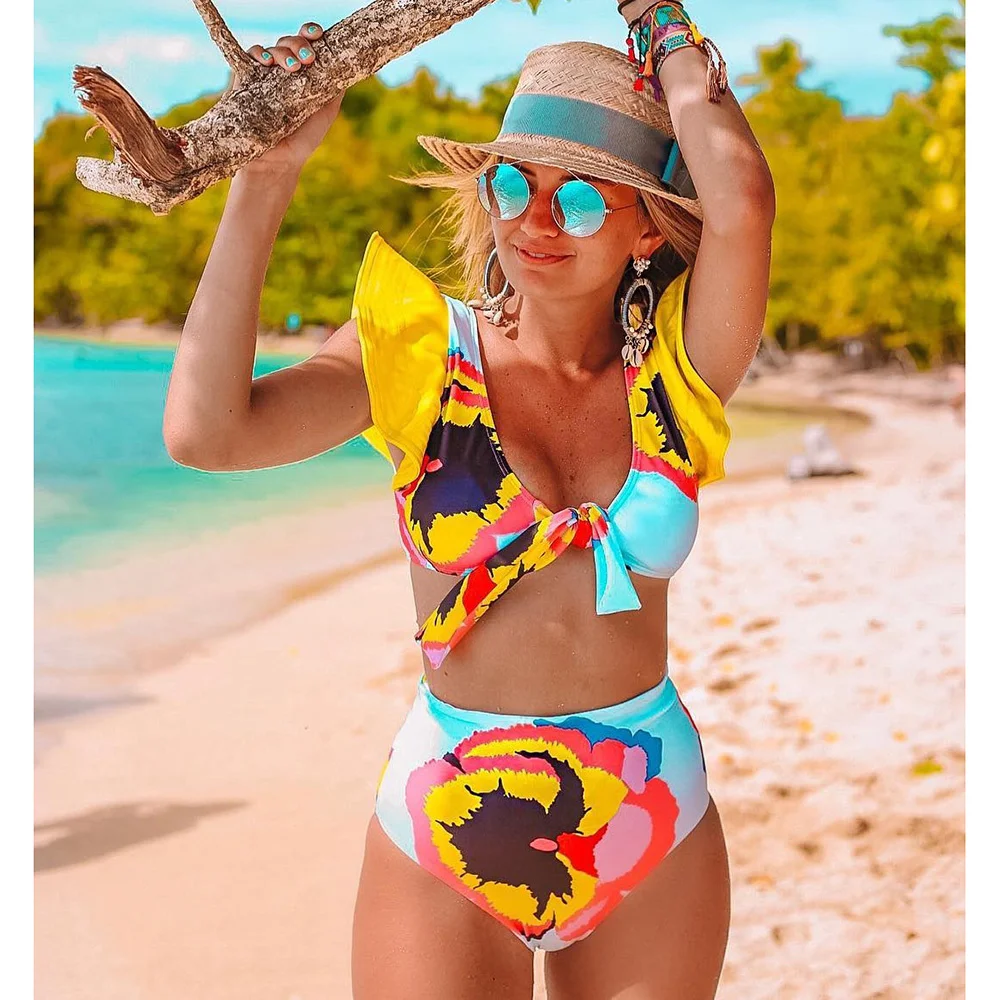 

High Waist Bikini 2021 Ruffle Swimwear Women Print Sexy Swimsuit Push Up Bikinis Plus Size Bathing Suits Bow Beach Wear
