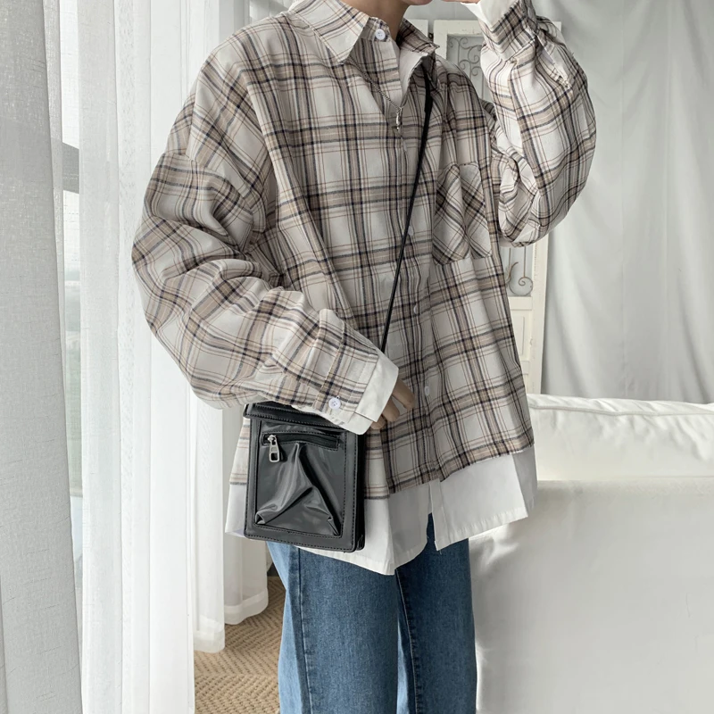 Мужская свободная рубашка с принтом в клетку Повседневная длинными рукавами 4 цвета большие размеры S XL