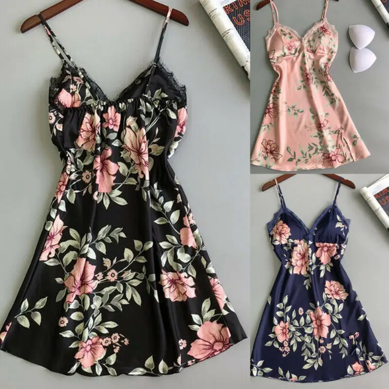 Sexy Style Fashion Lace Sling Floral Print Satin Look Deep V-Neck Backless Sleepshirts for Ladies Women's Nightwear Plus Size | Женская