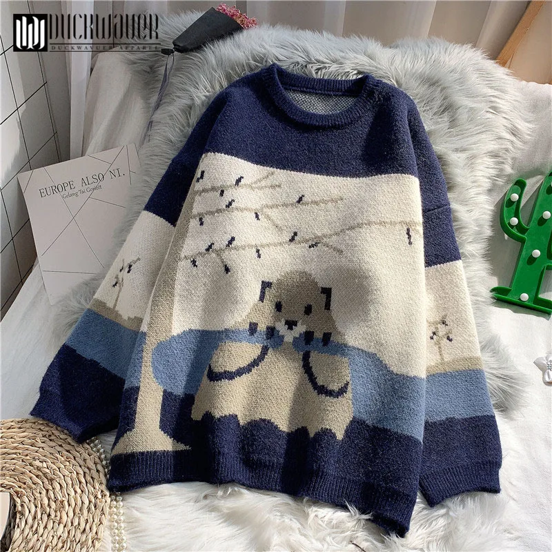 Duckwaver Knitted Sweater 2020 Spring Winter Women Clothes Cute Cartoon Pattern Loose Long sleeve pullover Tops | Женская одежда
