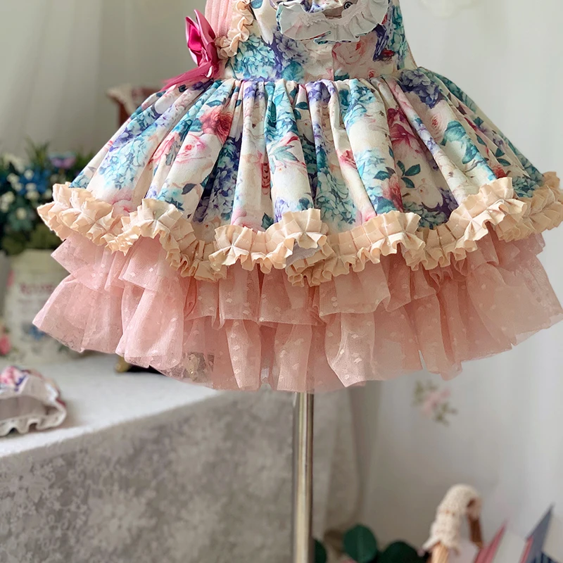 

New Dress Vintage Floral Ball Gown Baby Girl Princess Lolita DressSummer Kids Girl BoutiqueBaptism Prom Short Sleeve Dresses