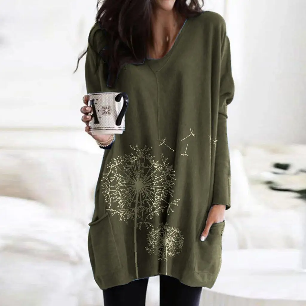 

Straight round neck Print Long Sleeve loose top large sweater T-shirt for women