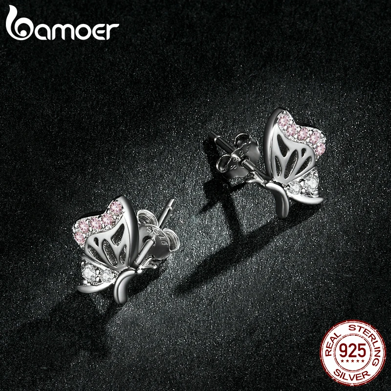 Женские серьги-гвоздики bamoer из стерлингового серебра 925 пробы с изящной бабочкой