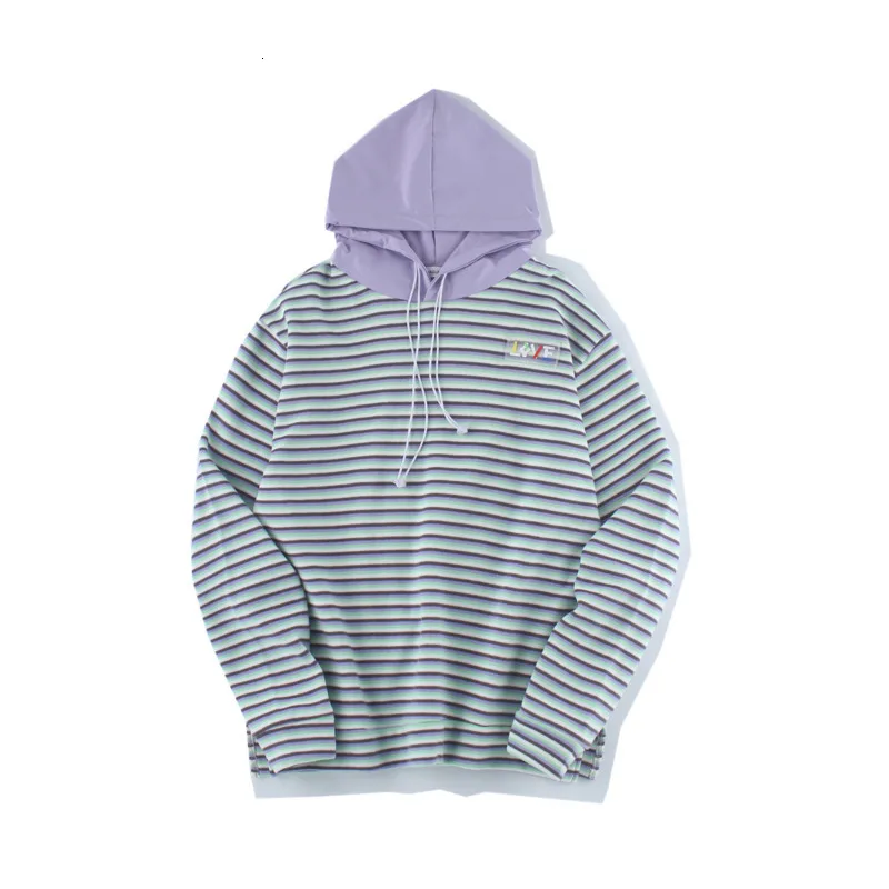 

2019 Autumn And Winter New Japanese Striped Print Loose Hooded Sweatshirt Fashion Casual Pullover Men's Gray / Purple M-XL