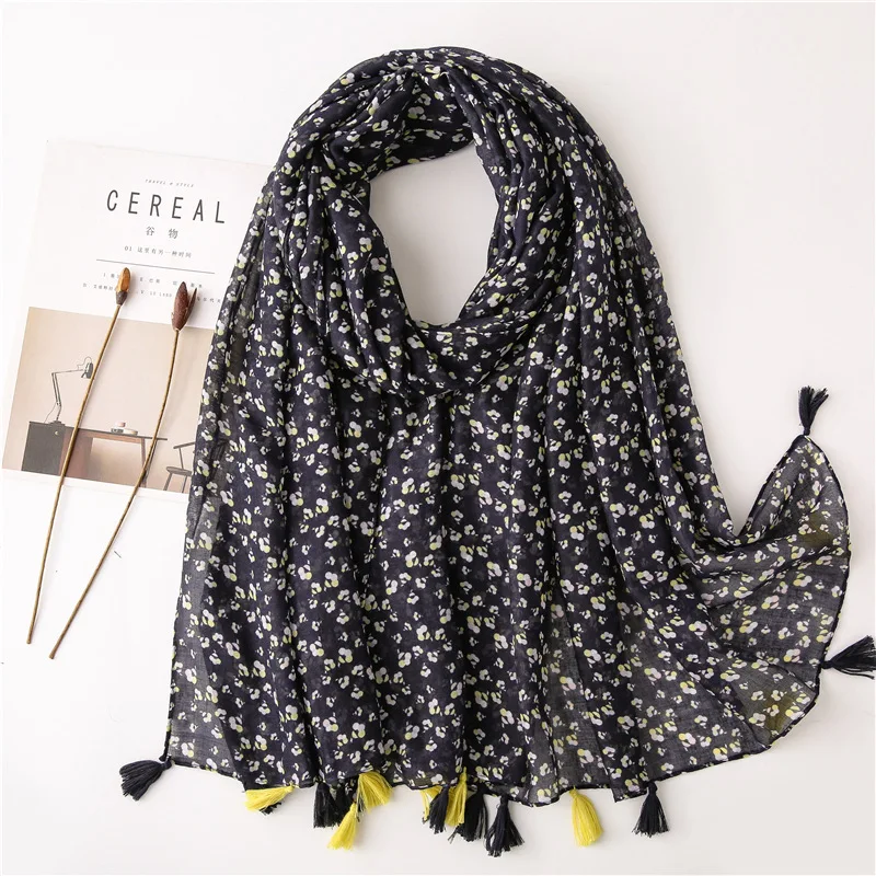 

Fashion Navy Blue Polka Floral Tassel Viscose Shawl Scarf Women High Quality Print Pashmina Stole Bufandas Muslim Hijab 180*90Cm