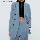 Женский винтажный костюм из 2 предметов, синий двубортный Блейзер на пуговицах и прямые брюки с высокой талией и длинным рукавом, пальто, осень 2021