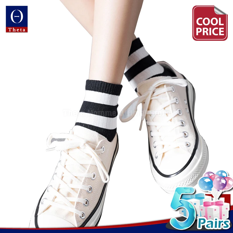 

THETA 5 Female Black Striped Thin Short Socks Set Cotton Casual Cute Middle Tube Ankle Stocks With Print Kawaii Fancy Sock A Lot