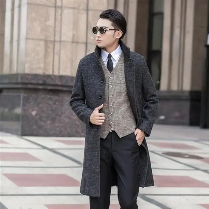 

modern urban grey woolen coat men youth trench coats long sleeves overcoat mens cashmere coat casaco masculino inverno england