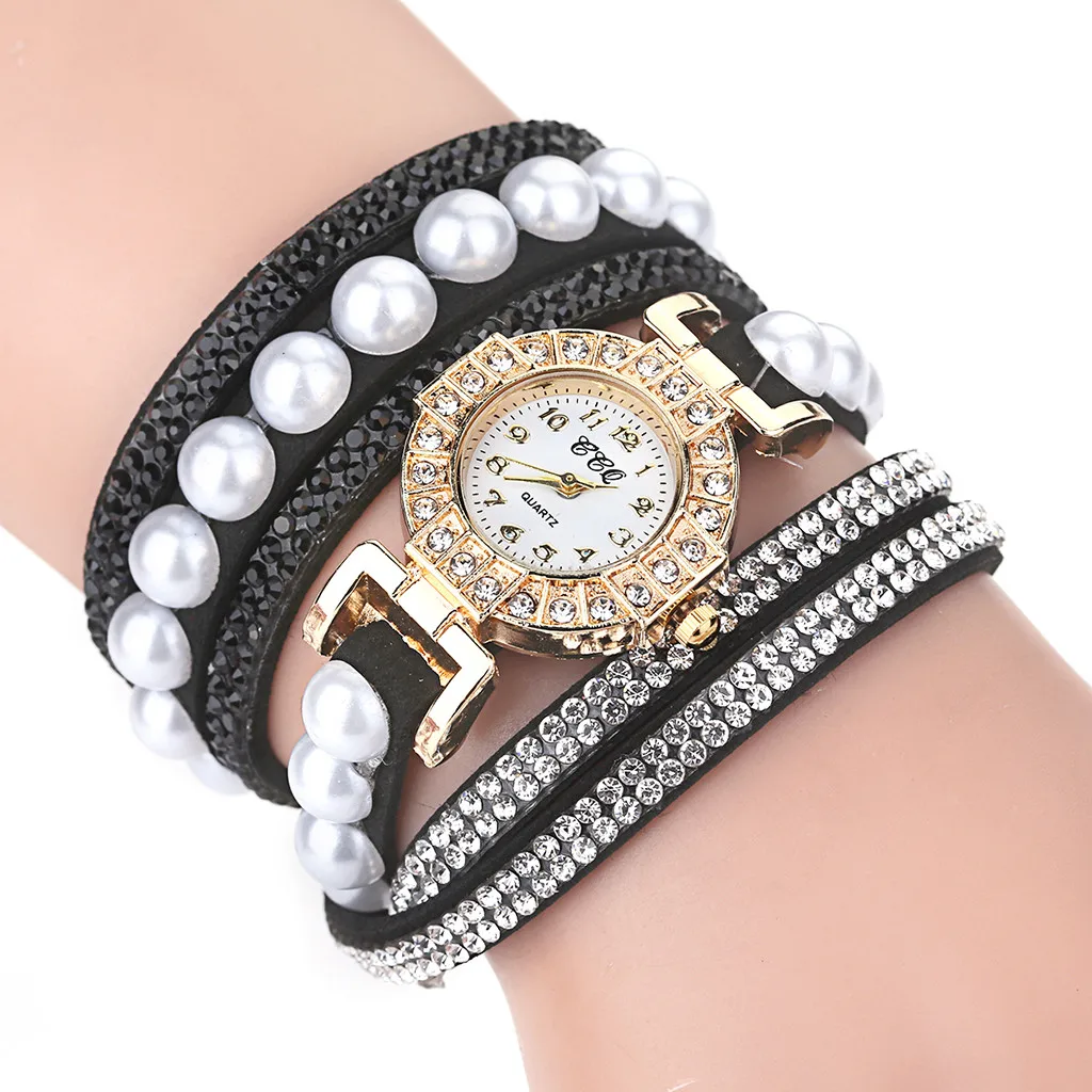 Винтажные женские блестящие часы с жемчугом повседневные браслетом модные