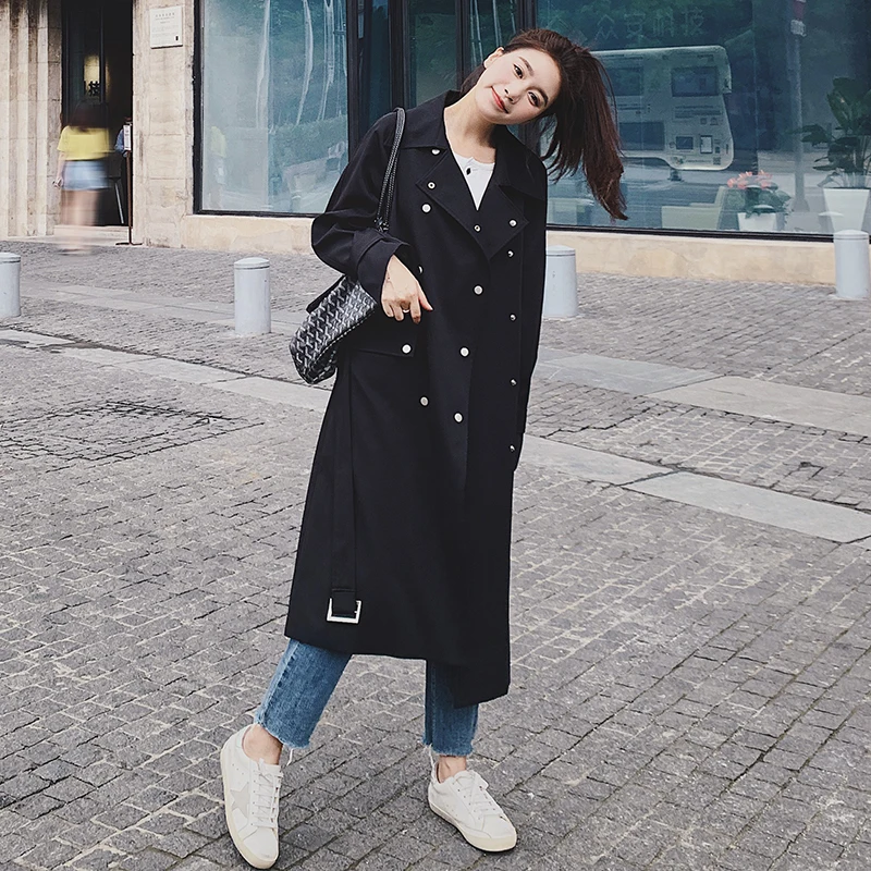 

black trench coat for women loose streetwear gothic casual double breasted belted long windbreaker spring autumn female 6930