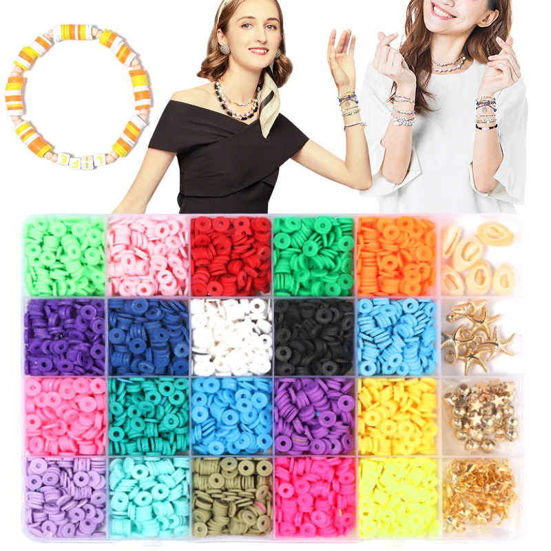 4800PCS Flat Polymer Clay Beads Loose Spacer Preppy Disc Beads For Jewelry Making with Pendant Charms Findings Elastic Cords