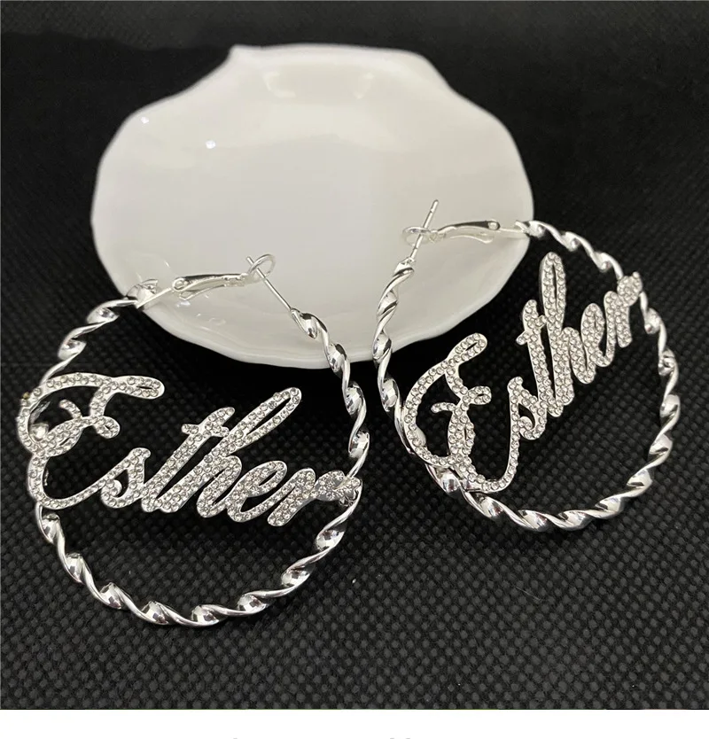 

Fashion Custom Name Letter With Zircon Bamboo Earrings GS-0012 Circle Large Earring Jewelry Customize Stainless Steel Hoop Name