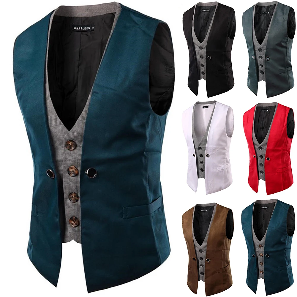 

Patchwork V Neck Fake Two Piece Men Button Up Vest Casual Blazer Wedding Waistcoat Tops Spring Autumn Male Clothing