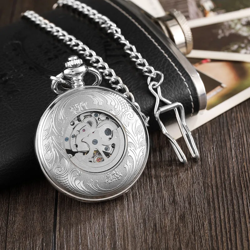 

Vintage Silver Mechanical Pocket Watch Hollow Chinese Style Engraved Hand Winding Steampunk Roman Numerals Skeleton Chain Clock