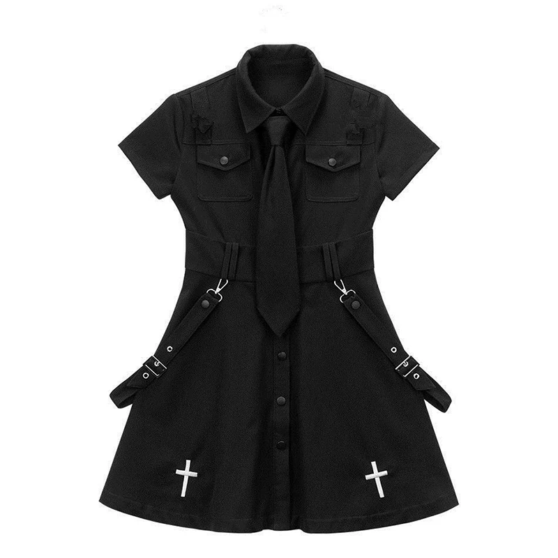 

2021 women's dress summer new dark punk style jk uniform black dress female short Street hip hop Diablo Short sleeve tops