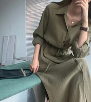 womens v neck long sleeved button shaped elastic band split dark green cotton and linen casual loose long skirt solid color