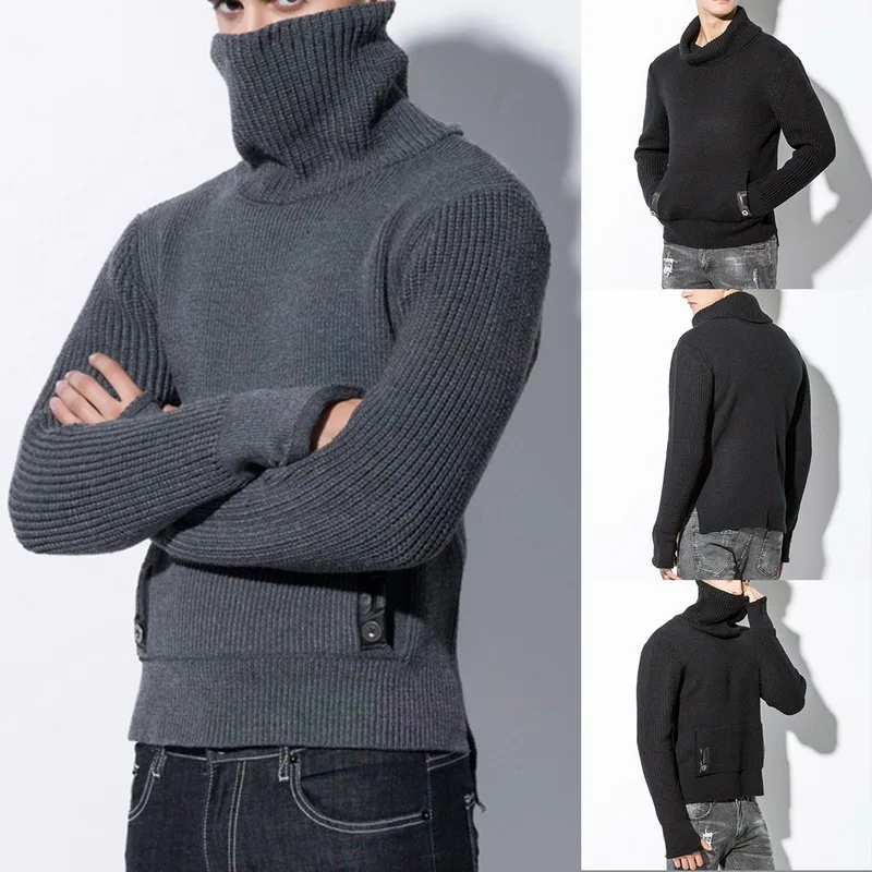 Зимний однотонный толстый мужской свитер с высоким воротником трендовый