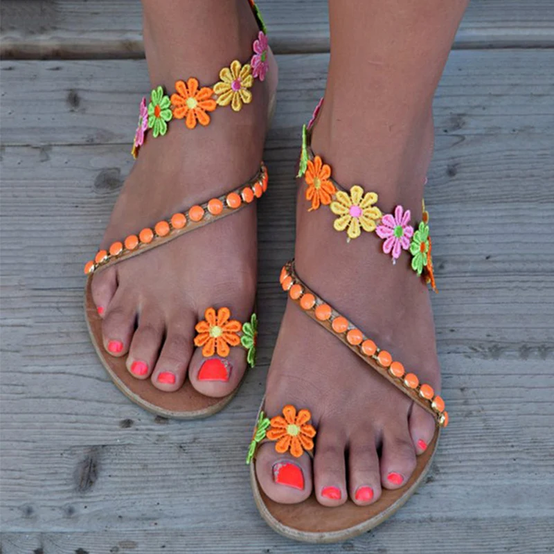 Женские сандалии с цветочным принтом Летняя женская Повседневная пляжная обувь