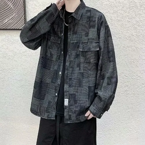Japanese Streetwear Plaid Long-Sleeved Men's Shirt Korean Style Oversized Casual All-Match Overalls Jacket Gothic Punk Clothes