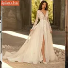 Кружевные свадебные платья с длинным рукавом, новый дизайн 2021, Тюлевое свадебное платье-трапеция с V-образным вырезом и высоким разрезом, женское платье на заказ