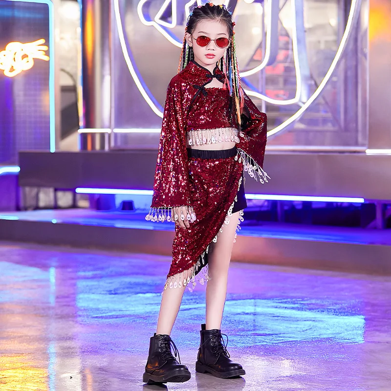 

New Hip Hop Dance Costumes For Kids Red Sliver Sequins Tassel Top Skirts Suit Rave Festival Jazz Performance Clothes 120-170CM