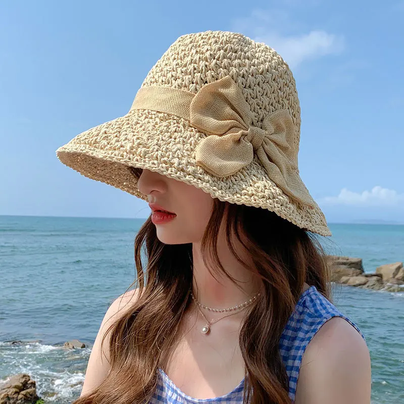 

Соломенная шляпа женская с бантом, плетеная Панама для морского рыбака, Корейская версия, Солнцезащитная шапка с сетчатым красным козырько...