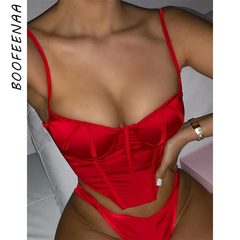 BOOFEENAA сексуальное летнее красное сатиновое платье кроп топы для женщин ночного