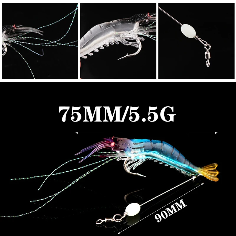 5Pcs Mixed Colors Silicone Fake Shrimp Soft Bait Artificial Sea Lure With Luminous Bead Swivels Hooks Sabiki Rig Fishing Tackle