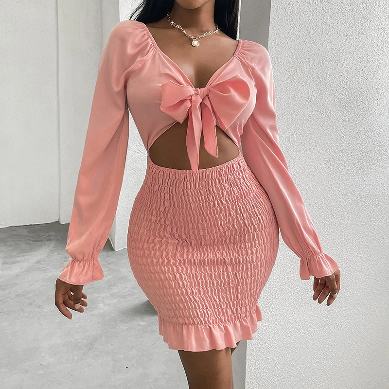 

2022 Spring New Elegant Long Sleeve Women's Mini Dress Sexy Bowknot V-neck Party Dress Fashion Tailored Stretch Hip Tight Dress