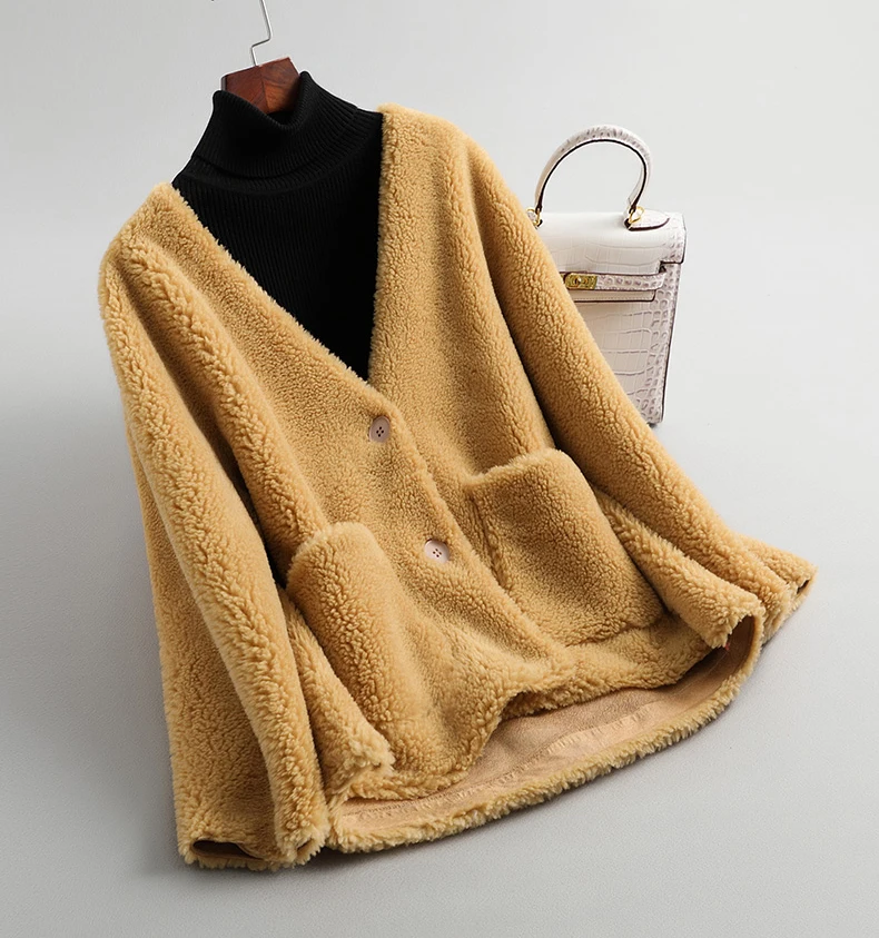 yellow Новое пальто из натурального овечьего меха, женская меховая куртка из настоящей овечьей шерсти, зимние пальто размера плюс, F1175 - Цвет: yellow