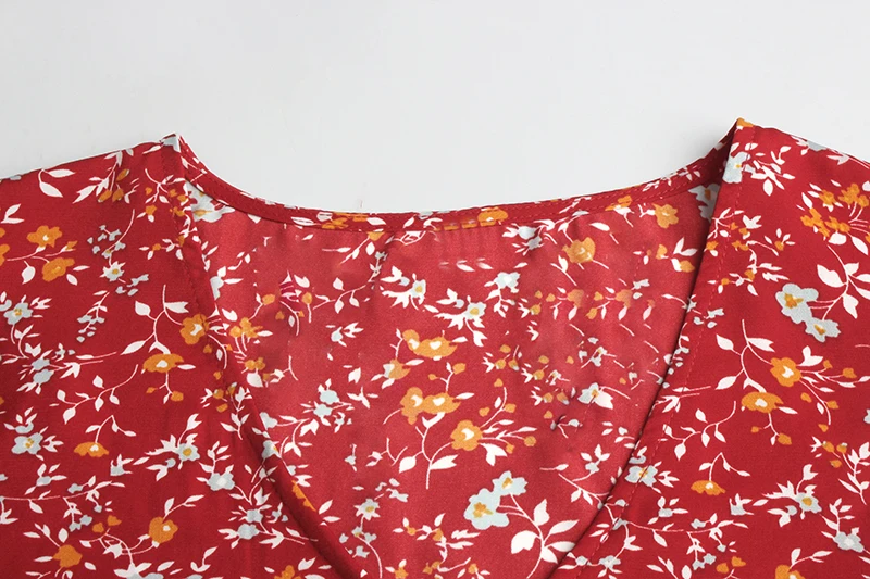 

Short Sleeve V Neck Summer Midi Dress with Belt 2021 Spring Women Cottagecore Dress Floral Print Boho Beach Retro Dresses Ladies