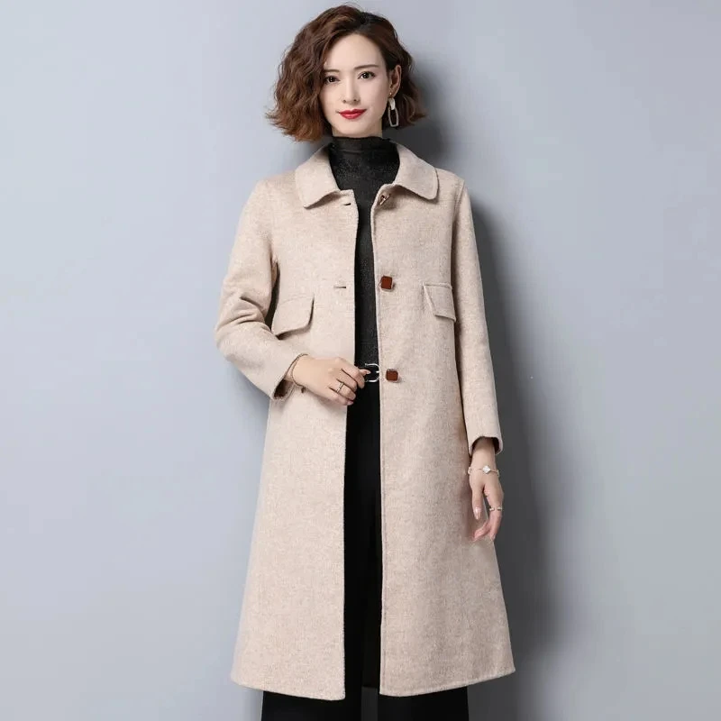 

Двустороннее шерстяное Женское пальто, длинное пальто выше колена, новинка осень-зима, плотное модное приталенное шерстяное пальто