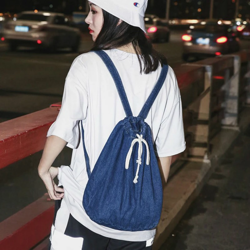 Женский джинсовый рюкзак на шнурке школьный ранец для девочек подростков| |