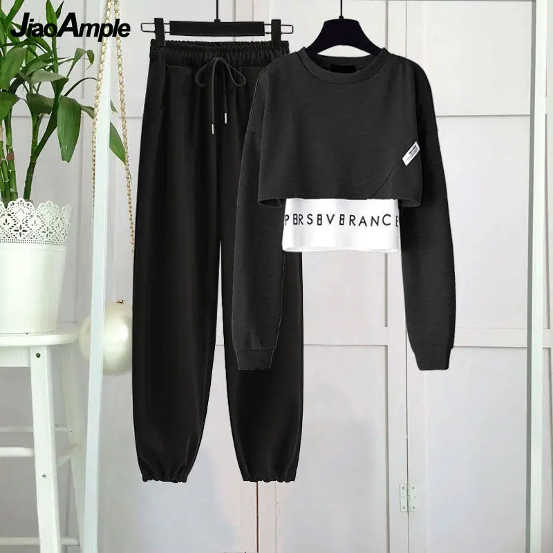 Women's Tracksuit Autumn 2021 New Top Pants Suit Korean Fashion Elegant Short Sweater Trouser Two-piece Set Female Sportwear |