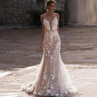 backless wedding dresses mermaid spaghetti straps tulle appliques dubai arabic wedding gown bridal dress vestido de noiva