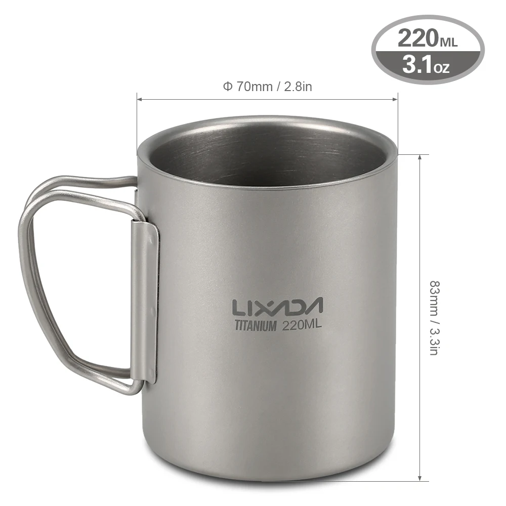 Lixada Titanium Double Wall Cup 220ml/450ml Portable Water Coffee Tea Mug with Foldable Handle | Спорт и развлечения