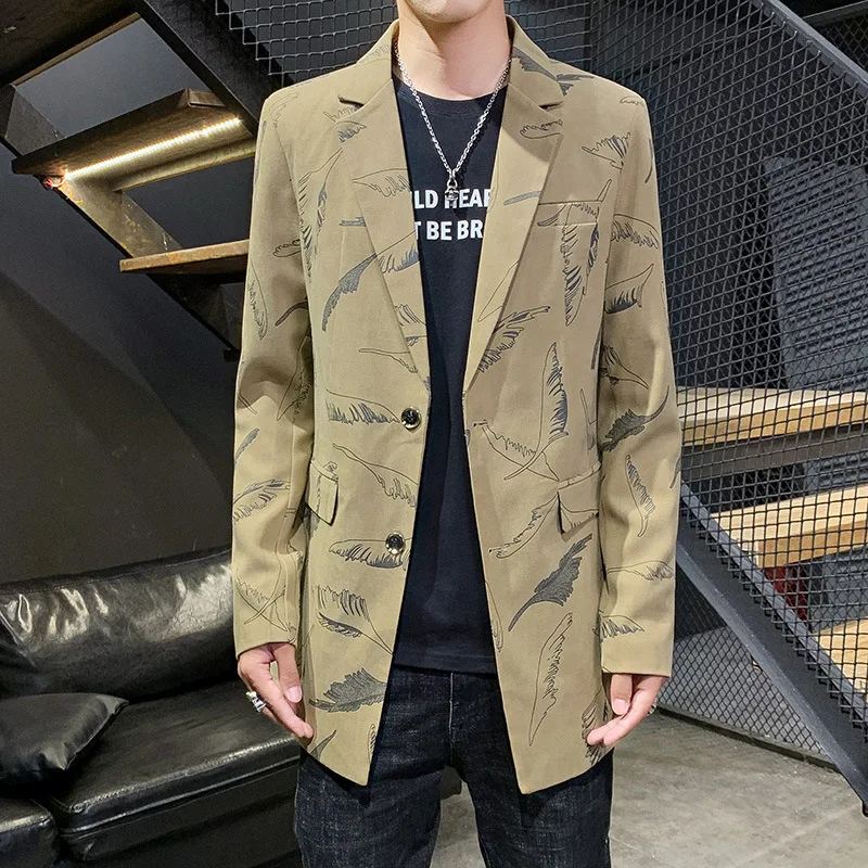 

HOO 2022 Men's Mid-Length Casual Handsome Cloak Suit Youth Cool Printed Single-Breasted blazer