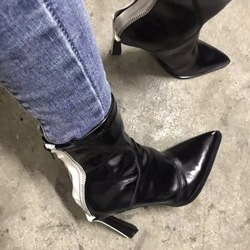 Женские ботильоны из натуральной кожи на высоком каблуке с острым носком|Женские
