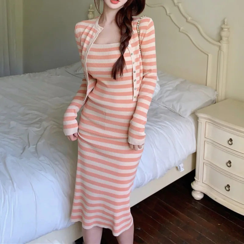 

Casual Striped Knitted Two Piece Set Women Long Sleeve Cardigan Crop Top + Bodycon Dress Suits Autumn 2021 Conjuntos De Vestido