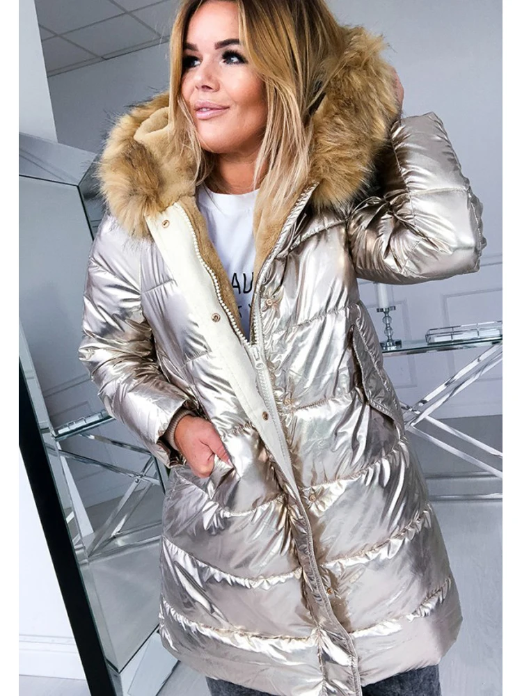Winter Jacket Women Casuald Windbreaker Long Sleeve Outerwear Cotton Padded Quilted Coat Zip Up Puffer Jacket Hooded Fur Parka
