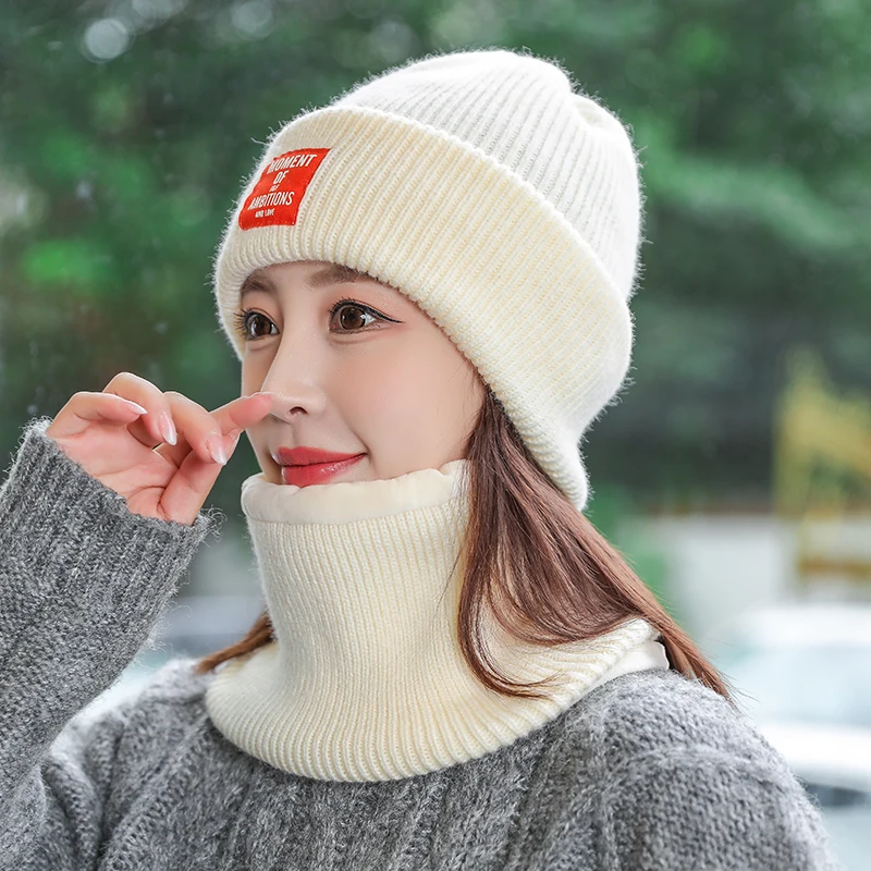 

New Women's Winter Hat Ski Brand Big Fur Pompoms Ball Knitted Hats Scarf Set Femmes Beanie Caps Warm Skullies Outdoor Cap
