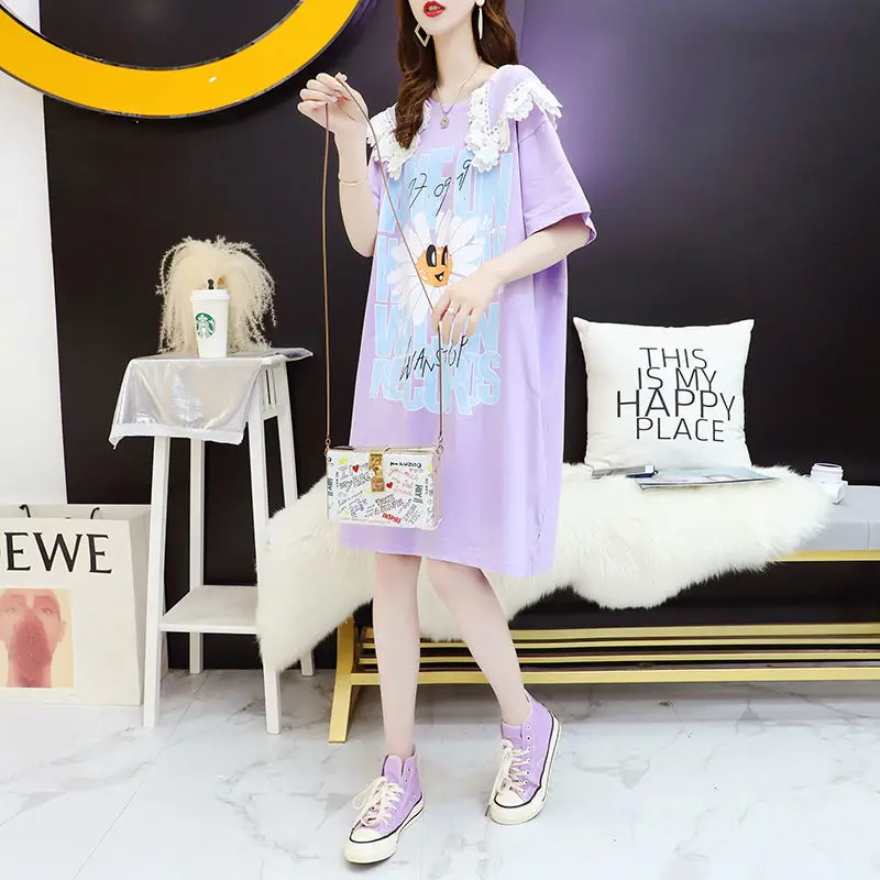 

Large size 100.00kg long short sleeve T-shirt women's summer 2021 new sweet super fairy lace French niche jacket